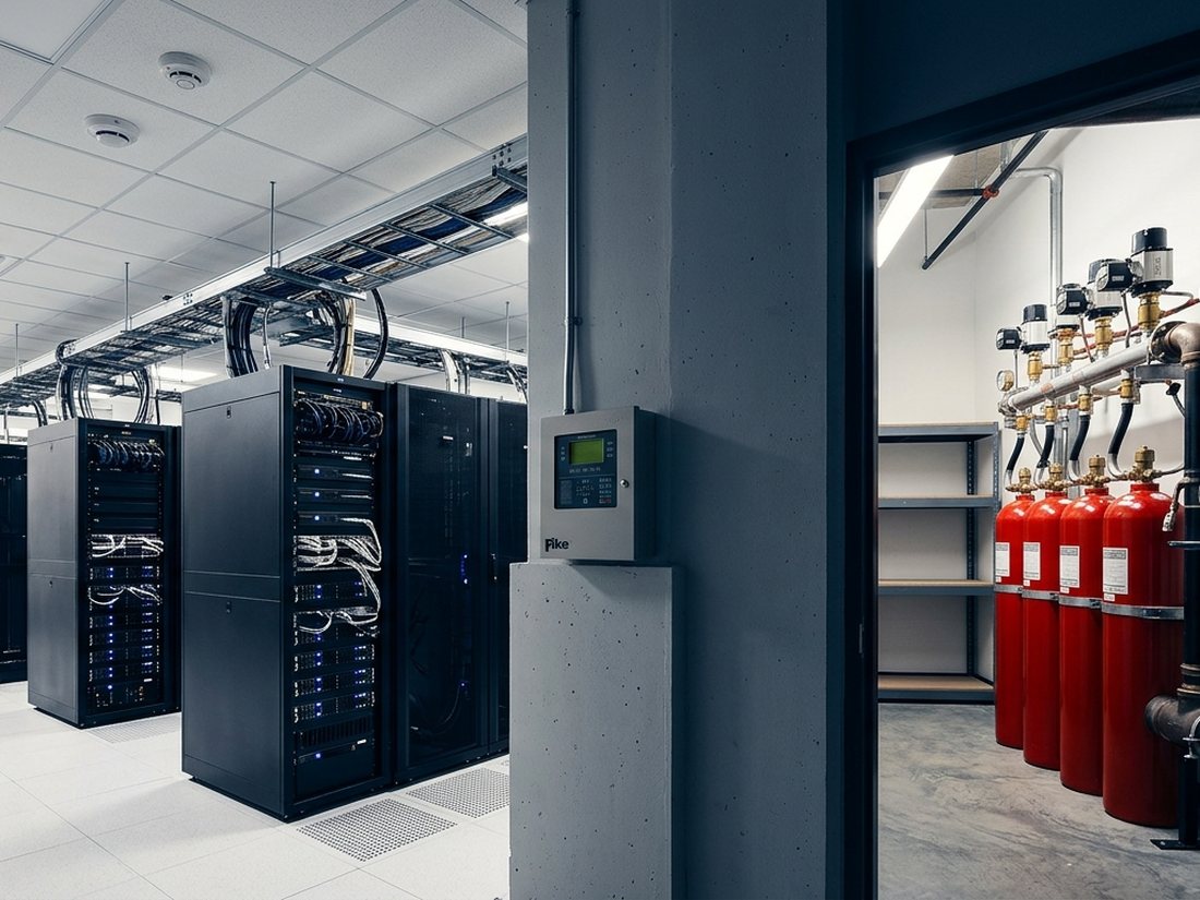 Cold-aisle of a modern data center with rows of dark server cabinets