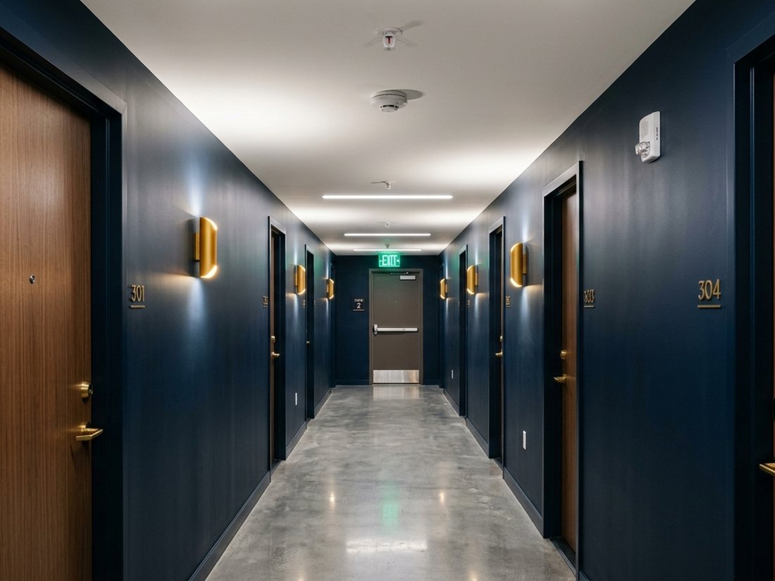 Calm contemporary senior-living corridor with a clearly defined exit path
