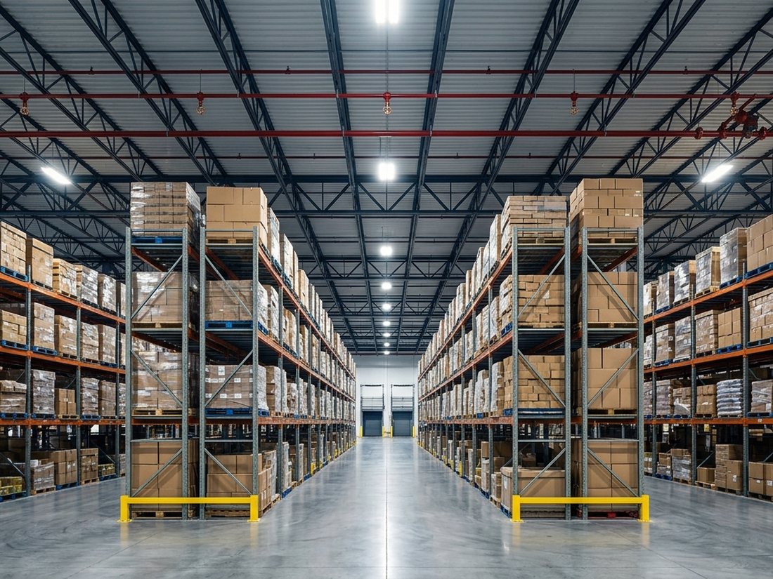 High-bay warehouse with tall storage racks and overhead sprinkler piping