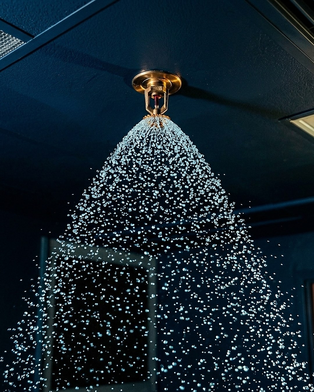 Fire sprinkler discharging a wide spray pattern, gold-lit against a deep navy ceiling